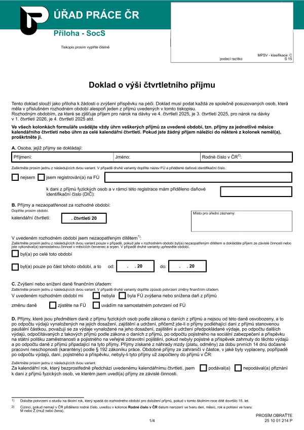 Doklad o výši čtvrtletního příjmu - zvýšení příspěvku na péči