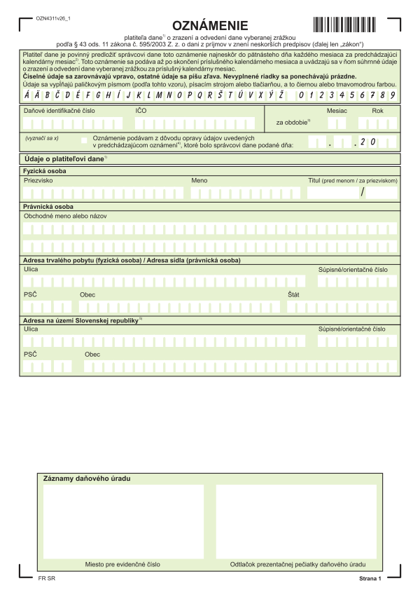 Oznámenie o zrazení a odvedení dane vyberanej zrážkou (platné od 1.1.2026)