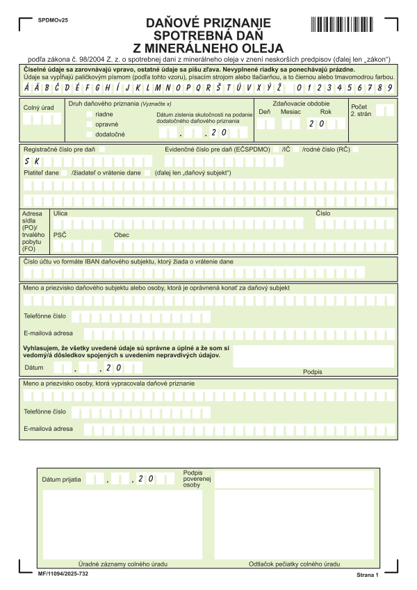 Spotrebná daň z minerálneho oleja (platné od 1.9.2025)