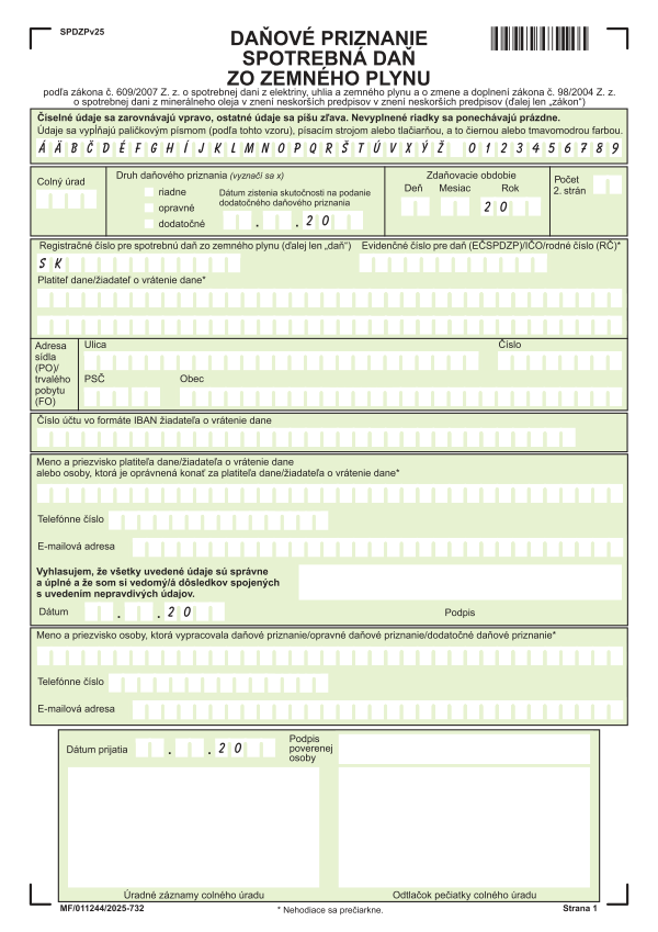 Spotrebná daň zo zemného plynu (platné od 1.9.2025)
