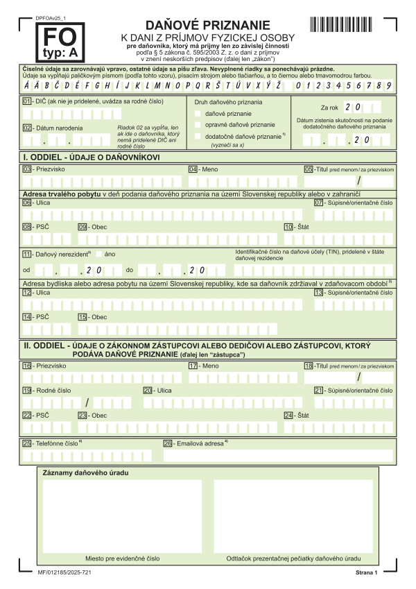 Daňové priznanie k DPFO Typ A (za rok 2025)