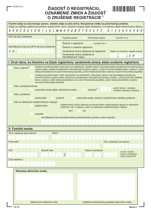 Žiadosť o registráciu, oznámenie zmien a žiadosť o zrušenie registrácie