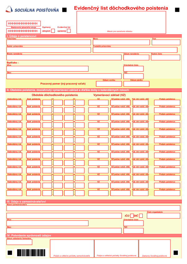 Evidenčný list dôchodkového poistenia (od 1.1.2009)