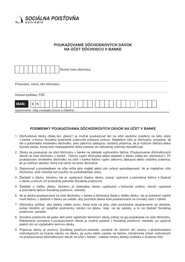 Žiadosť o poukazovanie dávok dôchodkového zabezpečenia na účet v banke