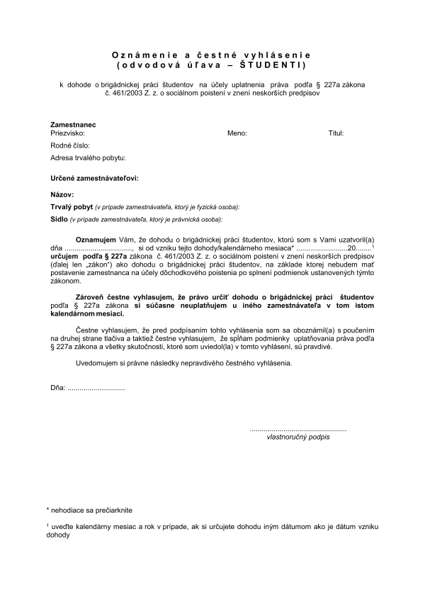 Oznámenie a čestné vyhlásenie k dohode o brigádnickej práci študentov