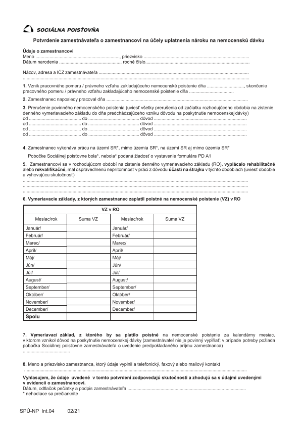 Potvrdenie zamestnávateľa o zamestnancovi na účely uplatnenia nároku na nemocenskú dávku