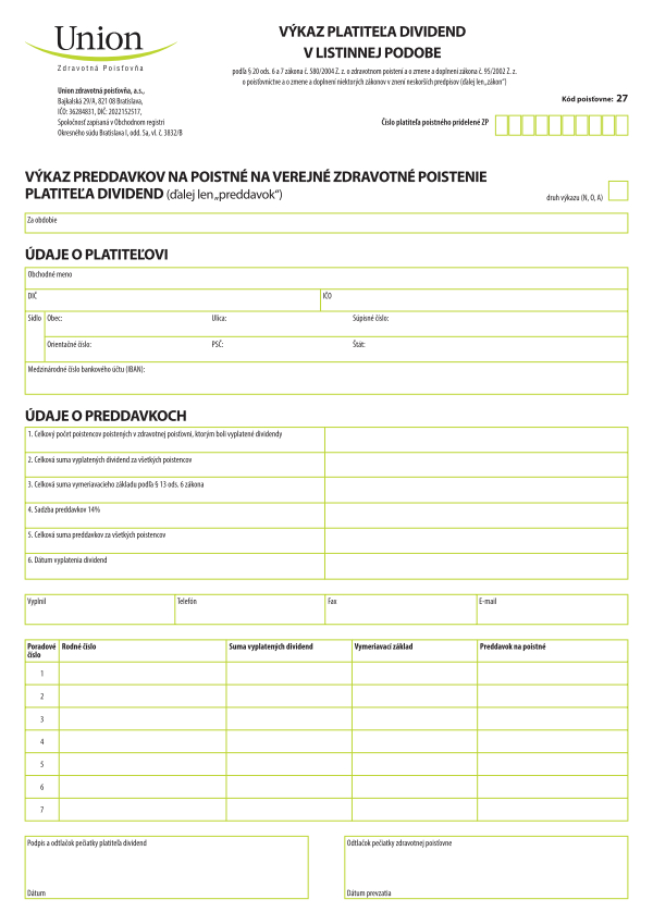 Výkaz platiteľa dividend Union ZP