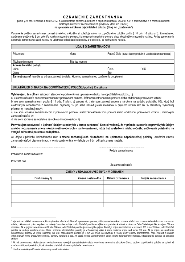 Oznámenie zamestnanca na uplatnenie nároku na odpočítateľnú položku