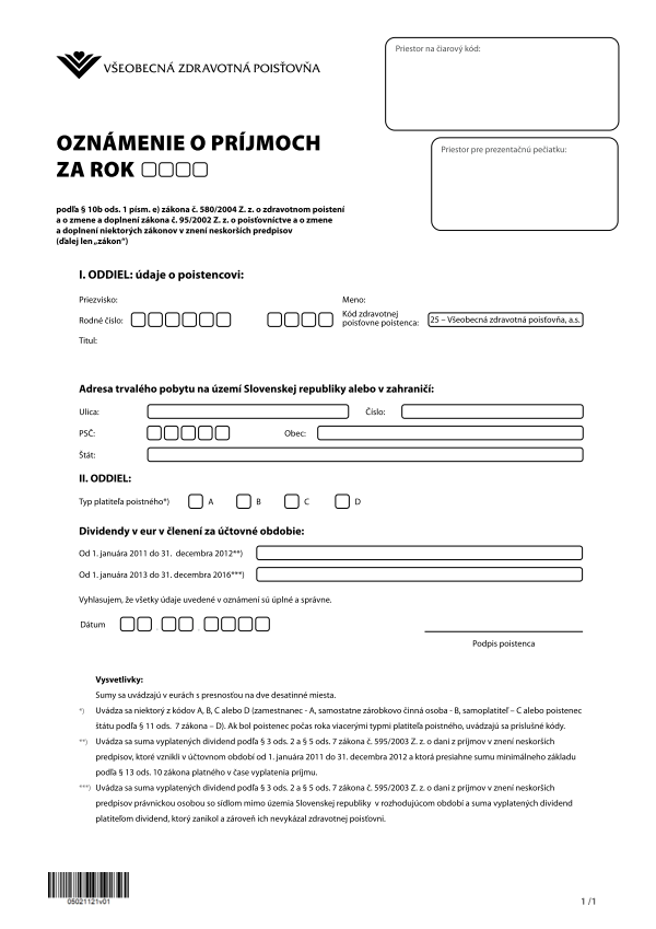 Oznámenie o príjmoch VŠZP