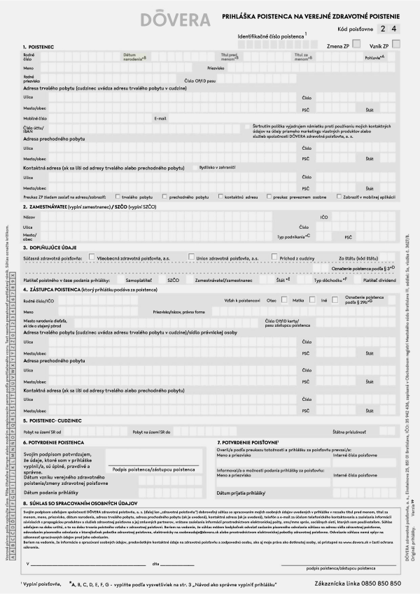 Prihláška poistenca na verejné zdravotné poistenie Dôvera+ ZP