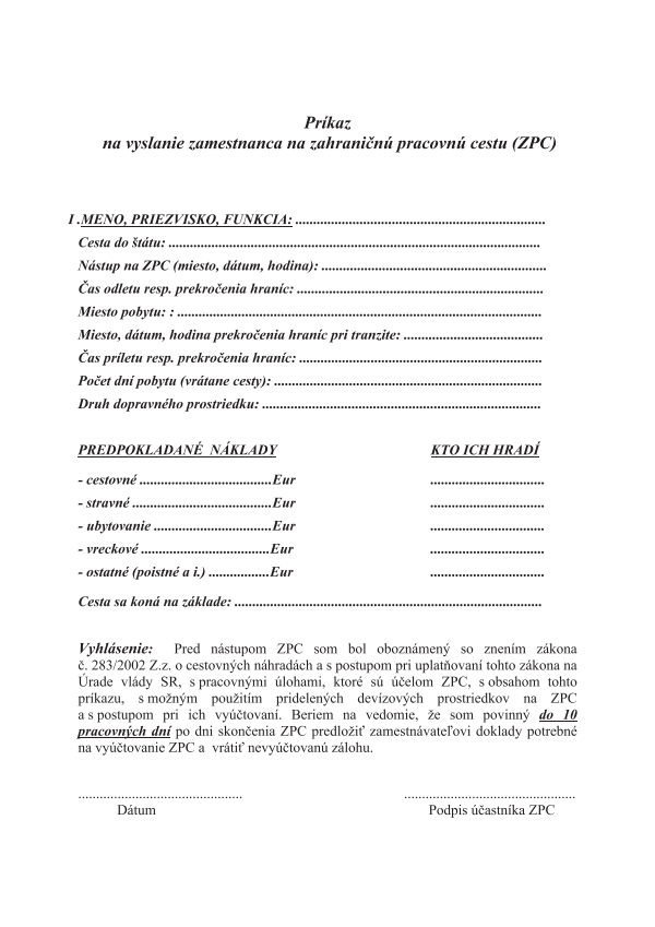 Príkaz na vyslanie zamestnanca na zahraničnú pracovnú cestu