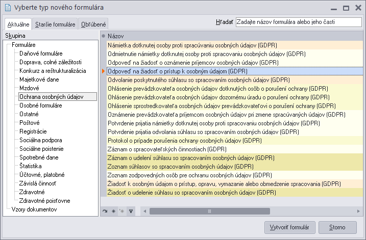 Formuláře skupiny Ochrana osobních údajů (GDPR)