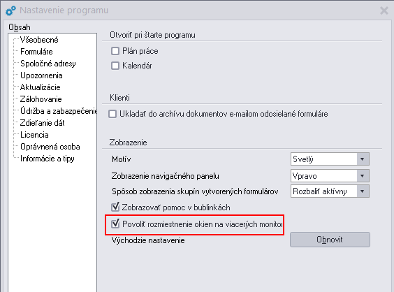 Nastavenie programu